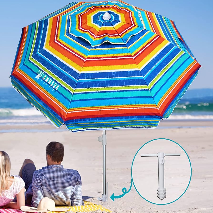 Equipamiento completo de playa con sombrilla, accesorios y protección solar
